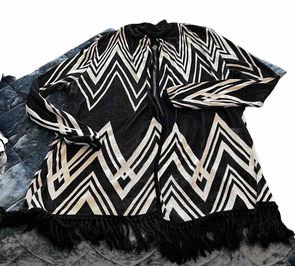 INC International Concepts Black White Chevron Print Fringed Open Cardigan XL - Picture 5 of 9